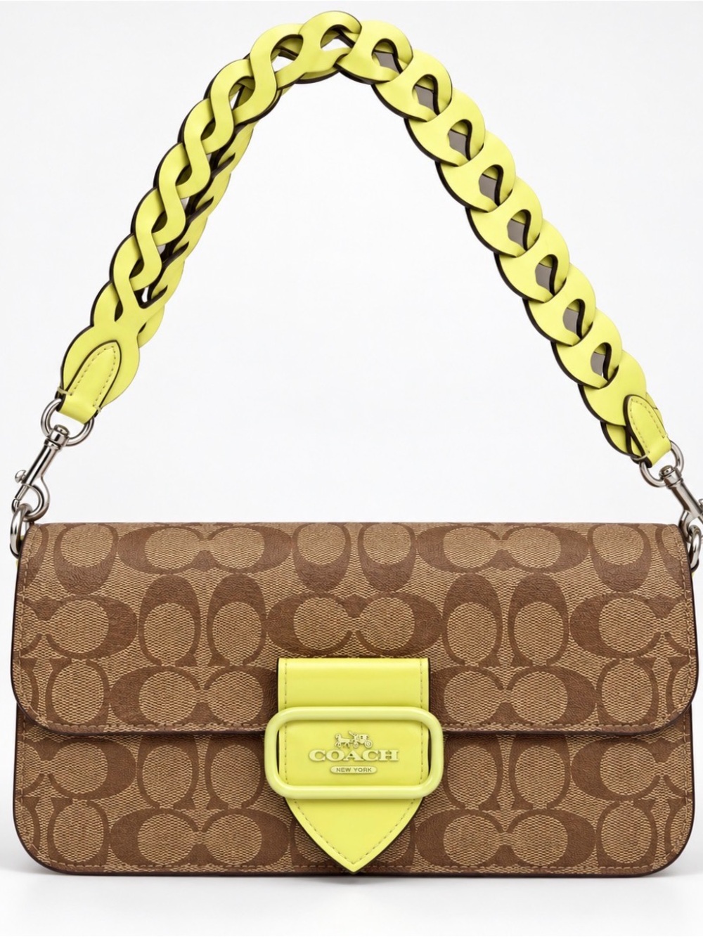 Coach Brown Signature Canvas Shoulder Bag with Yellow Strap